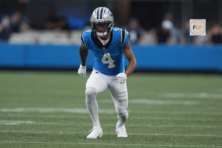 Aug 8, 2025; Charlotte, North Carolina, USA; Carolina Panthers wide receiver Tetairoa McMillan (4) starts his route during the first quarter against the Cleveland Browns at Bank of America Stadium. Credit: Jim Dedmon-Imagn Images