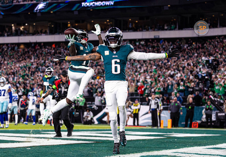 Nov 5, 2023; Philadelphia, Pennsylvania, USA; Philadelphia Eagles wide receiver DeVonta Smith (6) and wide receiver A.J. Brown (11) celebrate a touchdown against the Dallas Cowboys during the third quarter at Lincoln Financial Field. Credit: Bill Streicher-USA TODAY Sports