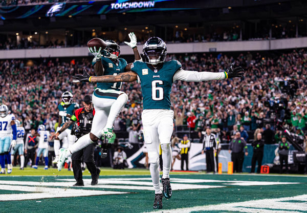 Nov 5, 2023; Philadelphia, Pennsylvania, USA; Philadelphia Eagles wide receiver DeVonta Smith (6) and wide receiver A.J. Brown (11) celebrate a touchdown against the Dallas Cowboys during the third quarter at Lincoln Financial Field. Mandatory Credit: Bill Streicher-USA TODAY Sports