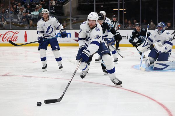 Nov 2, 2025; Salt Lake City, Utah, USA; Tampa Bay Lightning defenseman Victor Hedman (77) clears the puck against the Utah Mammoth during the third period at Delta Center. Mandatory Credit: Rob Gray-Imagn Images