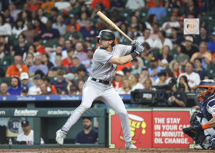 HOUSTON, TX - JUNE 25:  Colorado Rockies right fielder Sam Hilliard (16) watches the pitch in the top of the third inning during the MLB game between the Colorado Rockies and Houston Astros on June 25, 2024 at Minute Maid Park in Houston, Texas.  (Photo by Leslie Plaza Johnson/Icon Sportswire)