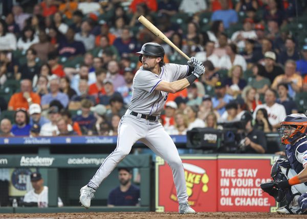 HOUSTON, TX - JUNE 25:  Colorado Rockies right fielder Sam Hilliard (16) watches the pitch in the top of the third inning during the MLB game between the Colorado Rockies and Houston Astros on June 25, 2024 at Minute Maid Park in Houston, Texas.  (Photo by Leslie Plaza Johnson/Icon Sportswire)