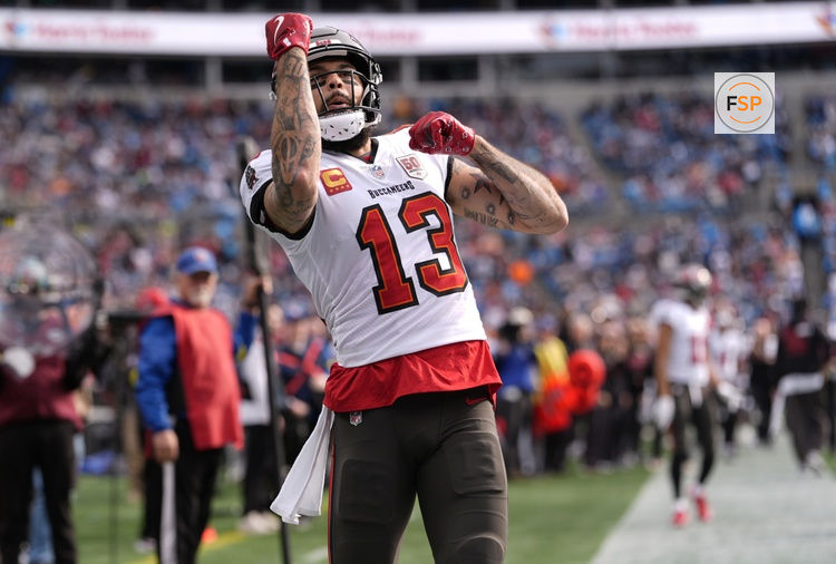 Dec 21, 2025; Charlotte, North Carolina, USA; Tampa Bay Buccaneers wide receiver Mike Evans (13) reacts a touchdown during the first half against the Carolina Panthers at Bank of America Stadium. Credit: Jim Dedmon-Imagn Images