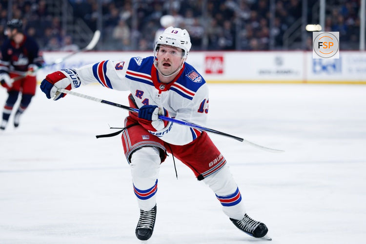 Mar 12, 2026; Winnipeg, Manitoba, CAN;  New York Rangers forward Alexis Lafreniere (13) skates into the Winnipeg Jets zone during the first period at Canada Life Centre. Credit: Terrence Lee-Imagn Images