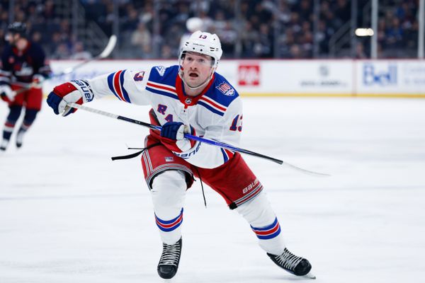 Mar 12, 2026; Winnipeg, Manitoba, CAN;  New York Rangers forward Alexis Lafreniere (13) skates into the Winnipeg Jets zone during the first period at Canada Life Centre. Mandatory Credit: Terrence Lee-Imagn Images