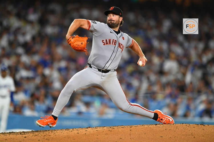 LOS ANGELES, CA - JULY 24: San Francisco Giants pitcher Robbie Ray (38) throws a pitch during the MLB game between the San Francisco Giants and the Los Angeles Dodgers on July 24, 2024 at Dodger Stadium in Los Angeles, CA. (Photo by Brian Rothmuller/Icon Sportswire)