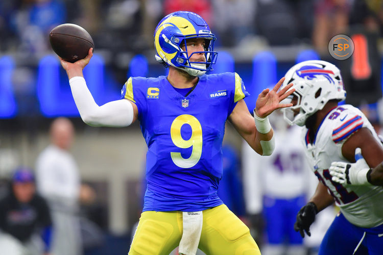 Dec 8, 2024; Inglewood, California, USA; Los Angeles Rams quarterback Matthew Stafford (9) throws against the Buffalo Bills during the second half at SoFi Stadium. Credit: Gary A. Vasquez-Imagn Images