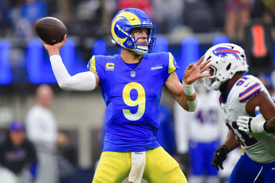 Dec 8, 2024; Inglewood, California, USA; Los Angeles Rams quarterback Matthew Stafford (9) throws against the Buffalo Bills during the second half at SoFi Stadium. Mandatory Credit: Gary A. Vasquez-Imagn Images