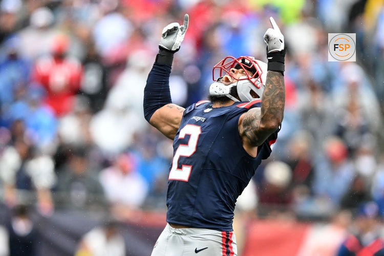 Sep 7, 2025; Foxborough, Massachusetts, USA; New England Patriots linebacker Harold Landry III (2) reacts against the Las Vegas Raiders during the first half at Gillette Stadium. Credit: Brian Fluharty-Imagn Images
