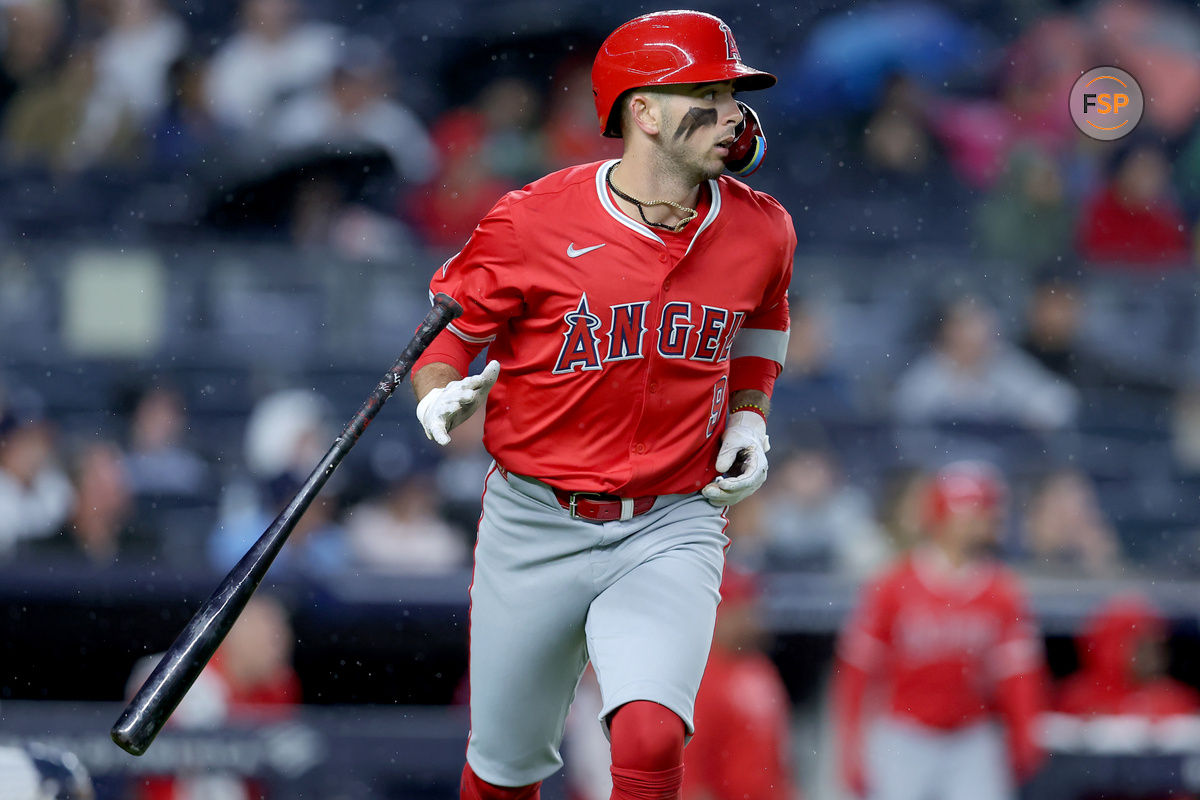 Aug 7, 2024; Bronx, New York, USA; Los Angeles Angels shortstop Zach Neto (9) flips his bat after hitting a grand slam home run against the New York Yankees during the second inning at Yankee Stadium. Credit: Brad Penner-USA TODAY Sports