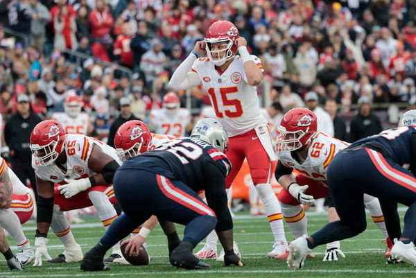 FOXBOROUGH, MA - DECEMBER 17: Kansas City Chiefs quarterback Patrick Mahomes (15) changes the play during a game between the New England Patriots and the Kansas City Chiefs on December 17, 2023, at Gillette Stadium in Foxborough, Massachusetts. (Photo by Fred Kfoury III/Icon Sportswire)