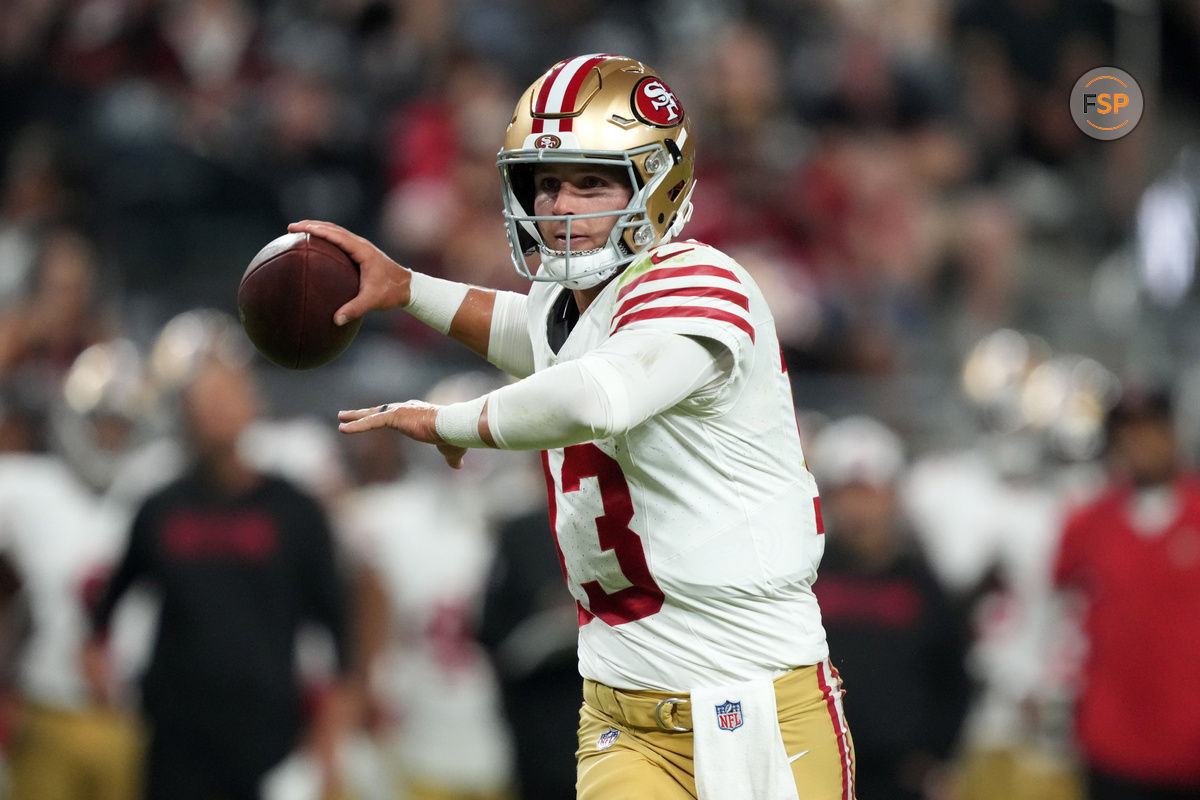 Aug 23, 2024; Paradise, Nevada, USA; San Francisco 49ers quarterback Brock Purdy (13) throws the ball against the Las Vegas Raiders in the first half at Allegiant Stadium. Credit: Kirby Lee-USA TODAY Sports