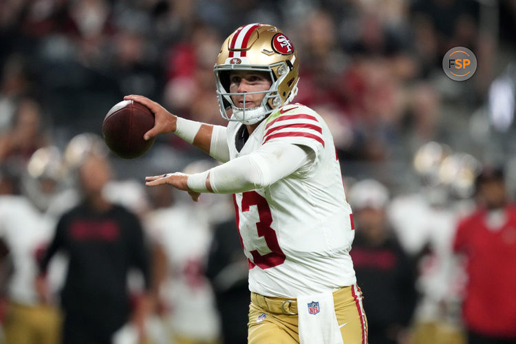 Aug 23, 2024; Paradise, Nevada, USA; San Francisco 49ers quarterback Brock Purdy (13) throws the ball against the Las Vegas Raiders in the first half at Allegiant Stadium. Credit: Kirby Lee-USA TODAY Sports