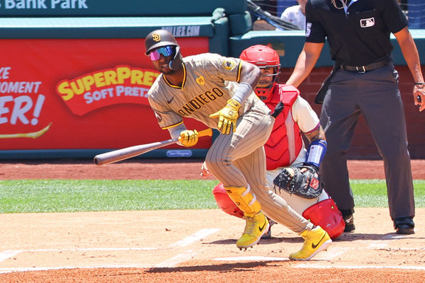 PHILADELPHIA, PA - JUNE 19:  Jurickson Profar #10 of the San Diego Padres at bat during the game against the Philadelphia Phillies on June 19, 2024 at Citizens Bank Park in Philadelphia, Pennsylvania.  (Photo by Rich Graessle/Icon Sportswire)