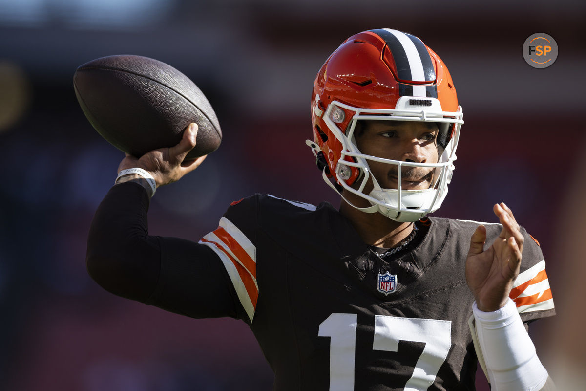 Nov 3, 2024; Cleveland, Ohio, USA; Cleveland Browns quarterback Dorian Thompson-Robinson (17) throws the ball during warm ups before the game against the Los Angeles Chargers at Huntington Bank Field. Credit: Scott Galvin-Imagn Images