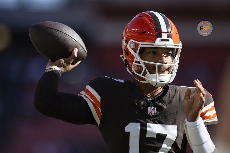 Nov 3, 2024; Cleveland, Ohio, USA; Cleveland Browns quarterback Dorian Thompson-Robinson (17) throws the ball during warm ups before the game against the Los Angeles Chargers at Huntington Bank Field. Credit: Scott Galvin-Imagn Images