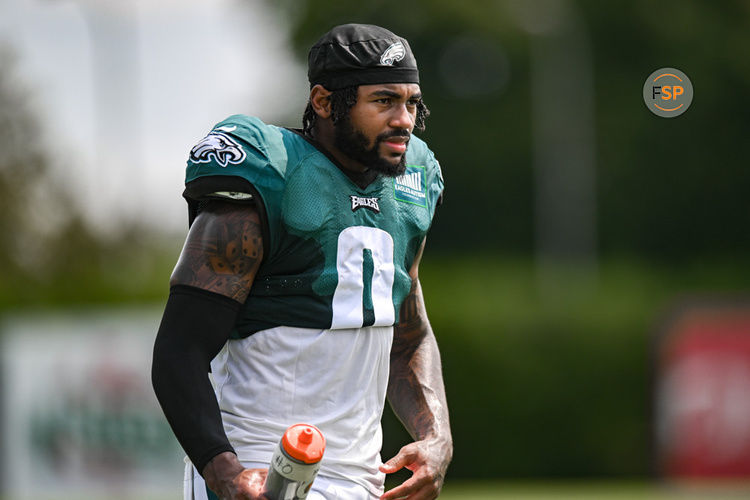 PHILADELPHIA, PA - AUGUST 01: Philadelphia Eagles running back D'Andre Swift (0) participates during Philadelphia Eagles training camp on August 1, 2023 at Novacare Complex in Philadelphia, PA (Photo by John Jones/Icon Sportswire)