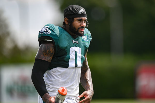 PHILADELPHIA, PA - AUGUST 01: Philadelphia Eagles running back D'Andre Swift (0) participates during Philadelphia Eagles training camp on August 1, 2023 at Novacare Complex in Philadelphia, PA (Photo by John Jones/Icon Sportswire)