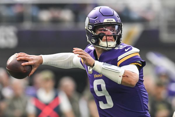 Nov 9, 2025; Minneapolis, Minnesota, USA; Minnesota Vikings quarterback J.J. McCarthy (9) throws a pass against the Baltimore Ravens during the first quarter at U.S. Bank Stadium. Mandatory Credit: Jeffrey Becker-Imagn Images