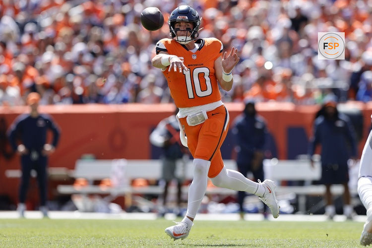 Sep 7, 2025; Denver, Colorado, USA; Denver Broncos quarterback Bo Nix (10) drops back to pass against the Tennessee Titans in the first half at Empower Field at Mile High. Credit: Isaiah J. Downing-Imagn Images