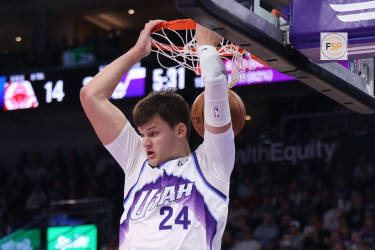 Oct 22, 2025; Salt Lake City, Utah, USA; Utah Jazz center Walker Kessler (24) dunks against the Los Angeles Clippers during the first quarter at Delta Center. Credit: Rob Gray-Imagn Images