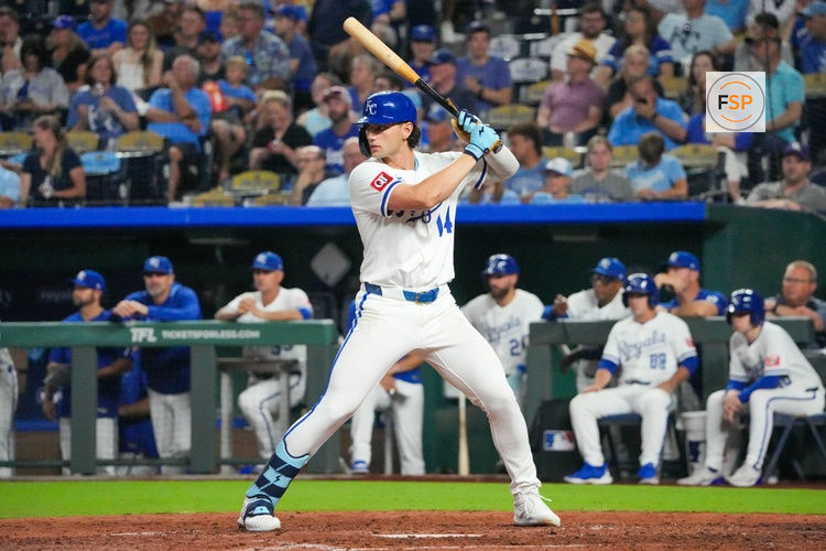 Jun 13, 2025; Kansas City, Missouri, USA; Kansas City Royals designatted hitter Jac Caglianone (14) at bat against the Athletics in the ninth inning at Kauffman Stadium. Credit: Denny Medley-Imagn Images