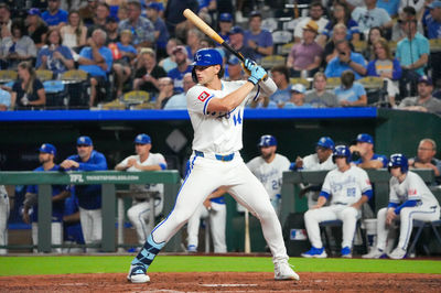 Jun 13, 2025; Kansas City, Missouri, USA; Kansas City Royals designatted hitter Jac Caglianone (14) at bat against the Athletics in the ninth inning at Kauffman Stadium. Mandatory Credit: Denny Medley-Imagn Images