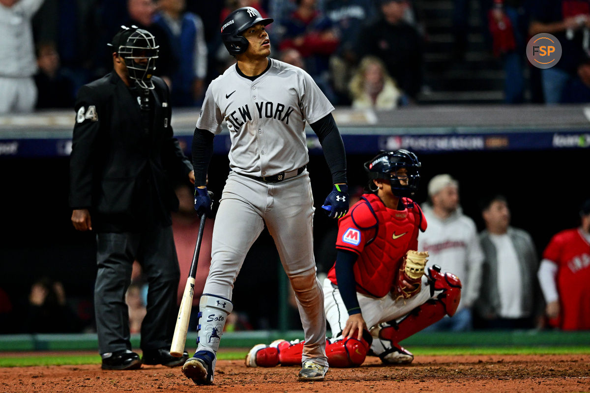 Oct 19, 2024; Cleveland, Ohio, USA; New York Yankees outfielder Juan Soto (22) celebrates after hitting a three run home run during the tenth inning against the Cleveland Guardians during game five of the ALCS for the 2024 MLB playoffs at Progressive Field. Credit: David Dermer-Imagn Images
