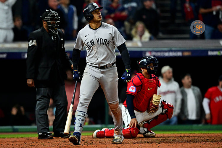 Oct 19, 2024; Cleveland, Ohio, USA; New York Yankees outfielder Juan Soto (22) celebrates after hitting a three run home run during the tenth inning against the Cleveland Guardians during game five of the ALCS for the 2024 MLB playoffs at Progressive Field. Credit: David Dermer-Imagn Images
