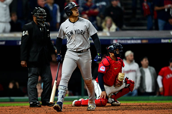 Oct 19, 2024; Cleveland, Ohio, USA; New York Yankees outfielder Juan Soto (22) celebrates after hitting a three run home run during the tenth inning against the Cleveland Guardians during game five of the ALCS for the 2024 MLB playoffs at Progressive Field. Mandatory Credit: David Dermer-Imagn Images
