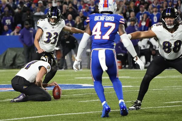Sep 7, 2025; Orchard Park, New York, USA; Baltimore Ravens place kicker Tyler Loop (33) attempts a field goal against the Buffalo Bills during the first half at Highmark Stadium. Mandatory Credit: Gregory Fisher-Imagn Images