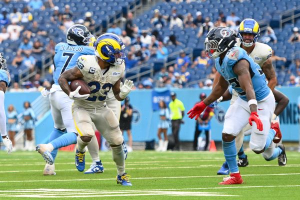 Sep 14, 2025; Nashville, Tennessee, USA;  Los Angeles Rams running back Kyren Williams (23) runs with the ball against the Tennessee Titans during the second half at Nissan Stadium. Mandatory Credit: Steve Roberts-Imagn Images