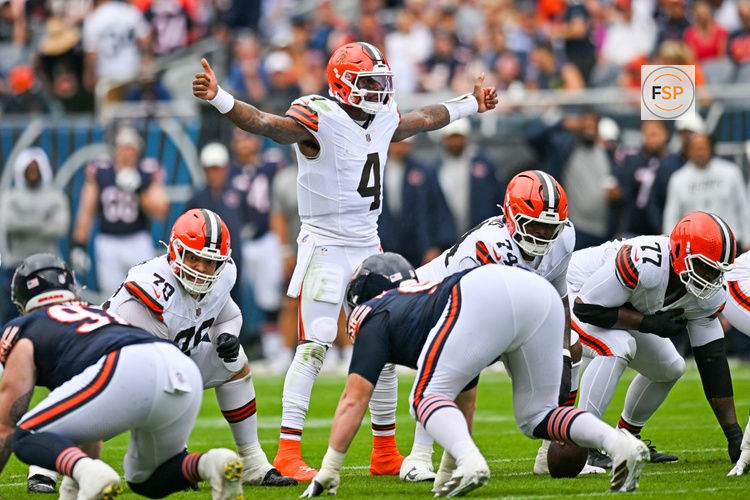 Aug 15, 2026; Chicago, Illinois, USA; Cleveland Browns quarterback Deshaun Watson (4) prepares to run a play against the Chicago Bears during the first half at Soldier Field. Credit: Patrick Gorski-Imagn Images