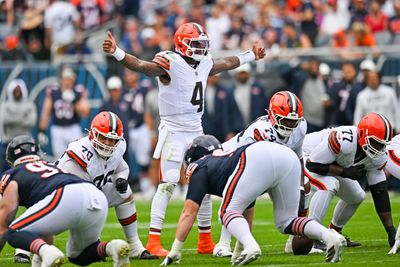 Aug 15, 2026; Chicago, Illinois, USA; Cleveland Browns quarterback Deshaun Watson (4) prepares to run a play against the Chicago Bears during the first half at Soldier Field. Mandatory Credit: Patrick Gorski-Imagn Images