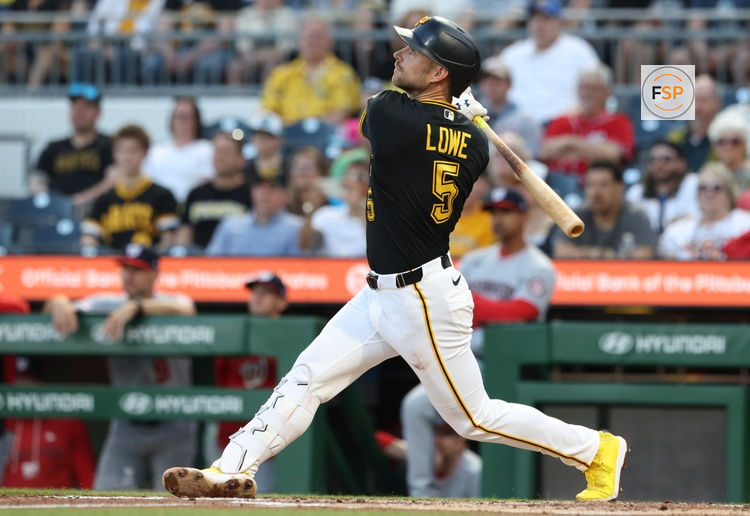 Apr 13, 2026; Pittsburgh, Pennsylvania, USA;  Pittsburgh Pirates second baseman Brandon Lowe (5) hits a two run single against the Washington Nationals during the second inning at PNC Park. Credit: Charles LeClaire-Imagn Images