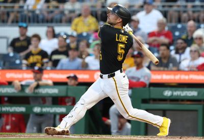 Apr 13, 2026; Pittsburgh, Pennsylvania, USA;  Pittsburgh Pirates second baseman Brandon Lowe (5) hits a two run single against the Washington Nationals during the second inning at PNC Park. Mandatory Credit: Charles LeClaire-Imagn Images