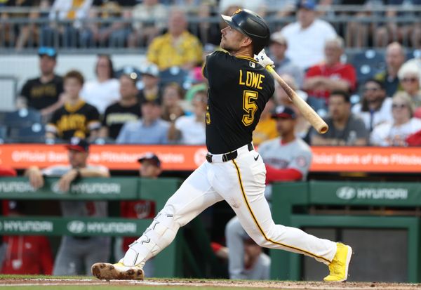 Apr 13, 2026; Pittsburgh, Pennsylvania, USA;  Pittsburgh Pirates second baseman Brandon Lowe (5) hits a two run single against the Washington Nationals during the second inning at PNC Park. Mandatory Credit: Charles LeClaire-Imagn Images