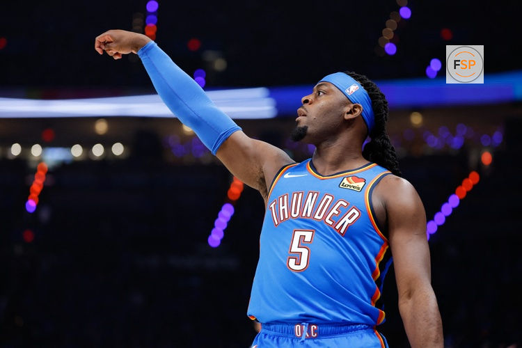 May 18, 2026; Oklahoma City, Oklahoma, USA; Oklahoma City Thunder forward Luguentz Dort (5) shoots in the third quarter against the San Antonio Spurs during game one of the western conference finals for the 2026 NBA playoffs at Paycom Center. Credit: Alonzo Adams-Imagn Images