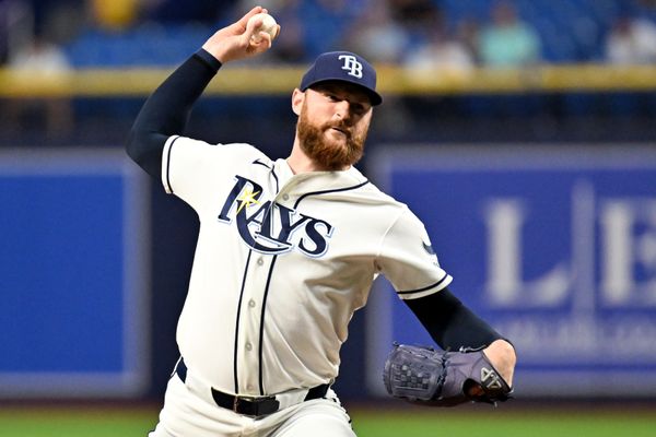 Jun 24, 2026; St. Petersburg, Florida, USA; Tampa Bay Rays relief pitcher Bryan Baker (47) throws a pitch in the ninth inning against the Kansas City Royals at Tropicana Field. Mandatory Credit: Jonathan Dyer-Imagn Images