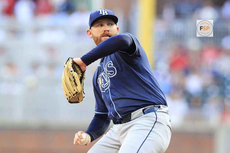 ATLANTA, GA - JUNE 14: Tampa Bay Rays starting pitcher Zack Littell #52 delivers a pitch during the Friday evening MLB game between the Atlanta Braves and the Tampa Bay Rays on June 14, 2024 at Truist Park in Atlanta, Georgia.  (Photo by David J. Griffin/Icon Sportswire)