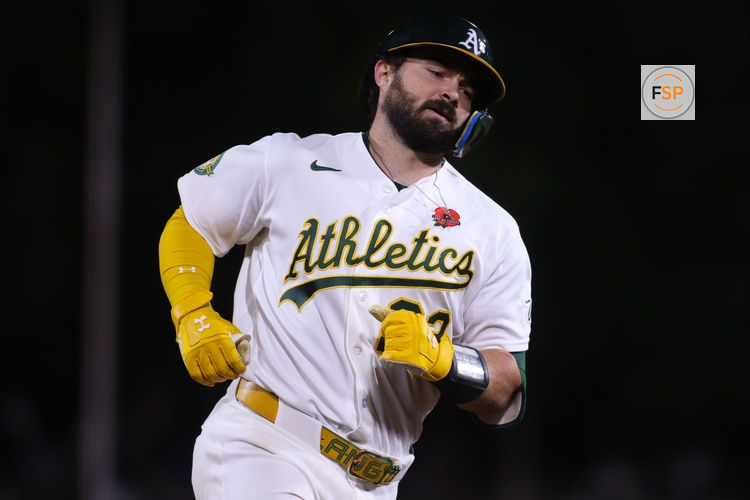 May 25, 2026; West Sacramento, California, USA; Athletics catcher Shea Langeliers (23) jogs around the bases after hitting a solo home run during the eighth inning against the Seattle Mariners at Sutter Health Park. Credit: Scott Marshall-Imagn Images