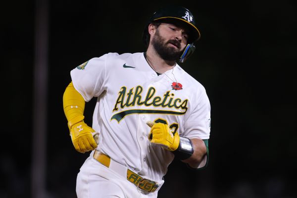 May 25, 2026; West Sacramento, California, USA; Athletics catcher Shea Langeliers (23) jogs around the bases after hitting a solo home run during the eighth inning against the Seattle Mariners at Sutter Health Park. Mandatory Credit: Scott Marshall-Imagn Images