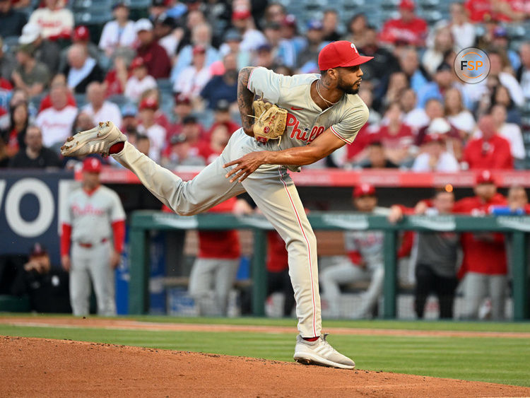 ANAHEIM, CA - APRIL 29: Philadelphia Phillies pitcher Cristopher Sanchez (61) pitching during an MLB baseball game against the Los Angeles Angels played on April 29, 2024 at Angel Stadium in Anaheim, CA. (Photo by John Cordes/Icon Sportswire)