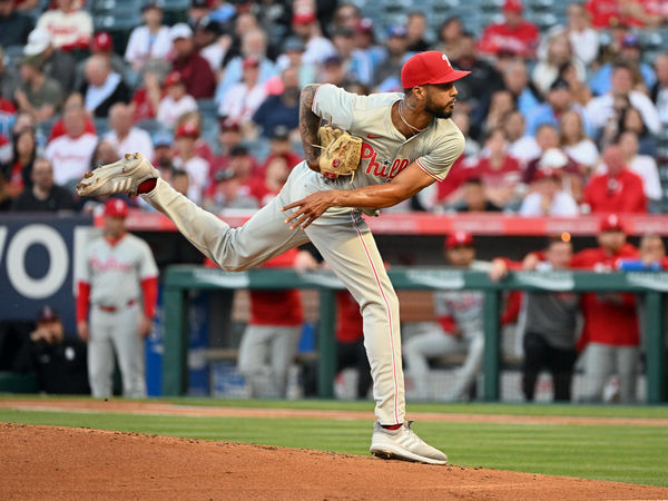 ANAHEIM, CA - APRIL 29: Philadelphia Phillies pitcher Cristopher Sanchez (61) pitching during an MLB baseball game against the Los Angeles Angels played on April 29, 2024 at Angel Stadium in Anaheim, CA. (Photo by John Cordes/Icon Sportswire)