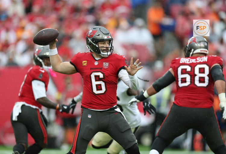 Dec 7, 2025; Tampa, Florida, USA; Tampa Bay Buccaneers quarterback Baker Mayfield (6) looks to throw downfield during the first quarter against the New Orleans Saints at Raymond James Stadium. Credit: Nathan Ray Seebeck-Imagn Images
