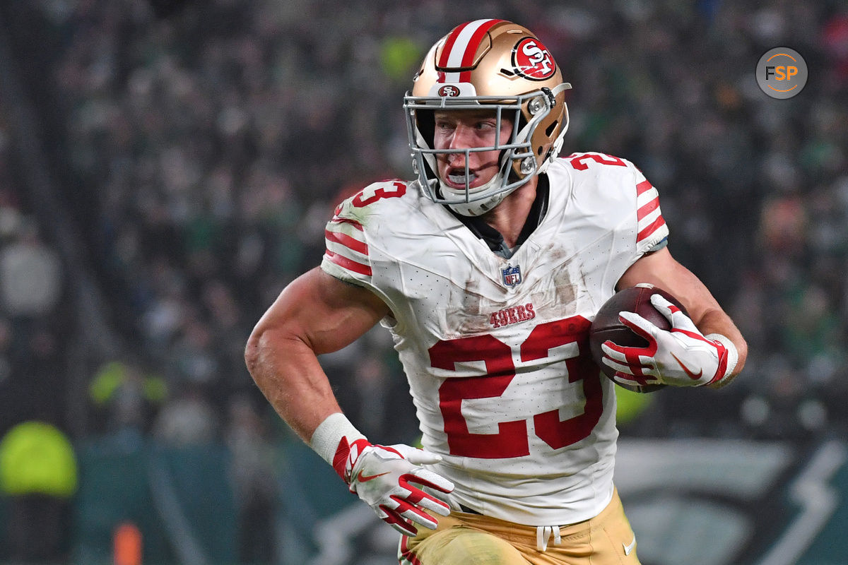 Dec 3, 2023; Philadelphia, Pennsylvania, USA; San Francisco 49ers running back Christian McCaffrey (23) against the Philadelphia Eagles at Lincoln Financial Field. Credit: Eric Hartline-USA TODAY Sports