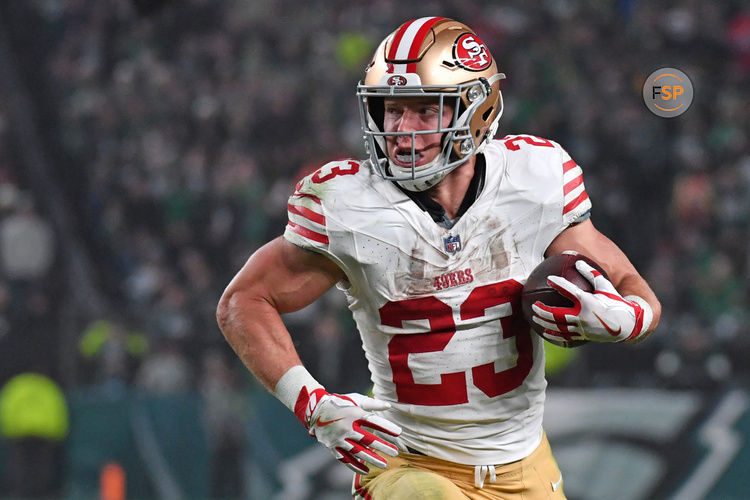 Dec 3, 2023; Philadelphia, Pennsylvania, USA; San Francisco 49ers running back Christian McCaffrey (23) against the Philadelphia Eagles at Lincoln Financial Field. Credit: Eric Hartline-USA TODAY Sports