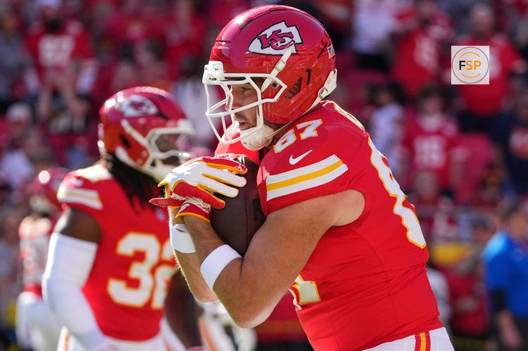 Oct 18, 2026; Kansas City, Missouri, USA;  Kansas City Chiefs tight end Travis Kelce (87) warms up before the game against the Los Angeles Chargers at GEHA Field at Arrowhead Stadium.  Credit: Denny Medley-Imagn Images