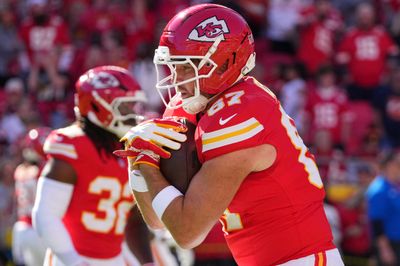 Oct 18, 2026; Kansas City, Missouri, USA;  Kansas City Chiefs tight end Travis Kelce (87) warms up before the game against the Los Angeles Chargers at GEHA Field at Arrowhead Stadium.  Mandatory Credit: Denny Medley-Imagn Images