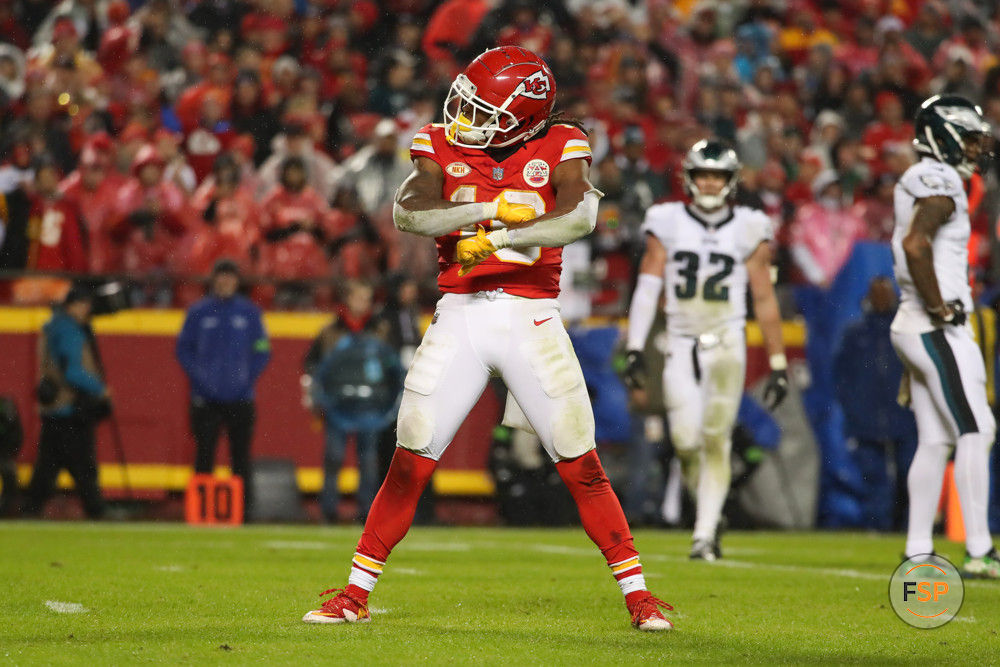 KANSAS CITY, MO - NOVEMBER 20: Kansas City Chiefs running back Isiah Pacheco (10) celebrates a first down run in the fourth quarter of an NFL football game between the Philadelphia Eagles and Kansas City Chiefs on Nov 20, 2023 at GEHA Field at Arrowhead Stadium in Kansas City, MO. (Photo by Scott Winters/Icon Sportswire)